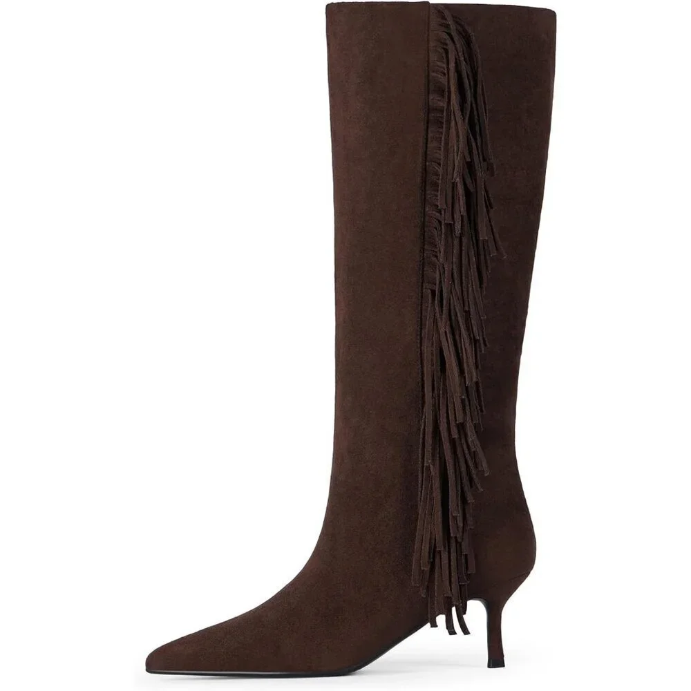 Women Suede Brown Knee High Boots Kitten Heels Tall Pointed Toe Long Boots